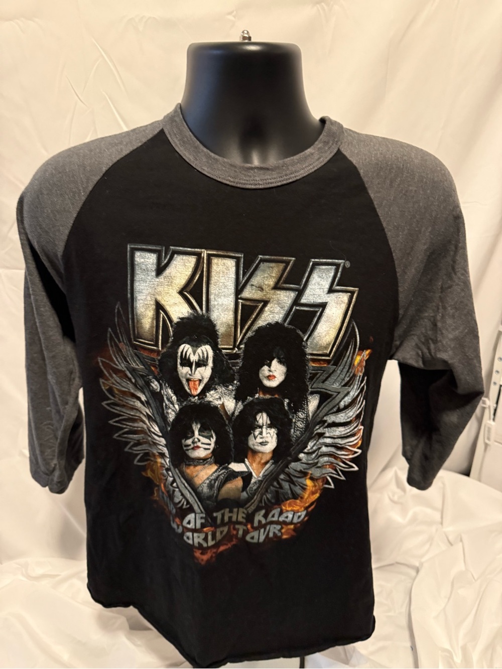 Kiss Black and Gray Raglan Sleeve Graphic Tee